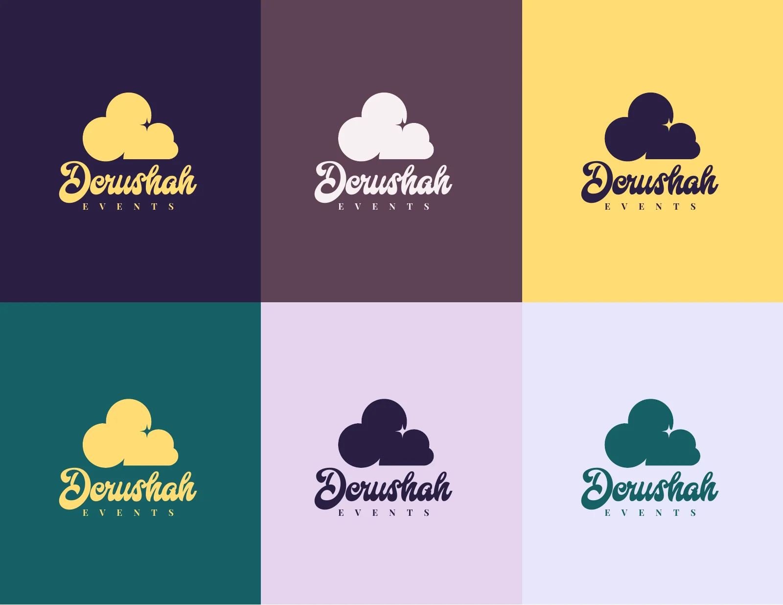Derushah Events logo applications across the brand colour palette