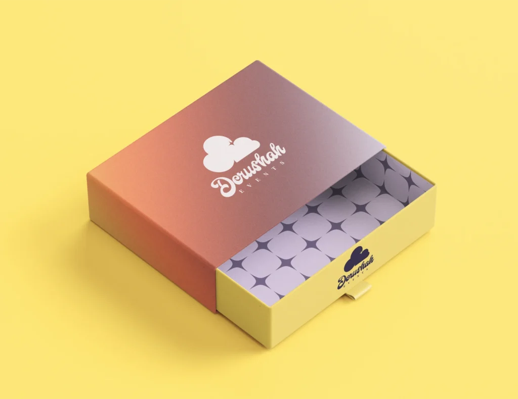 Derushah Events packaging mockup with logo gradient and repeat pattern